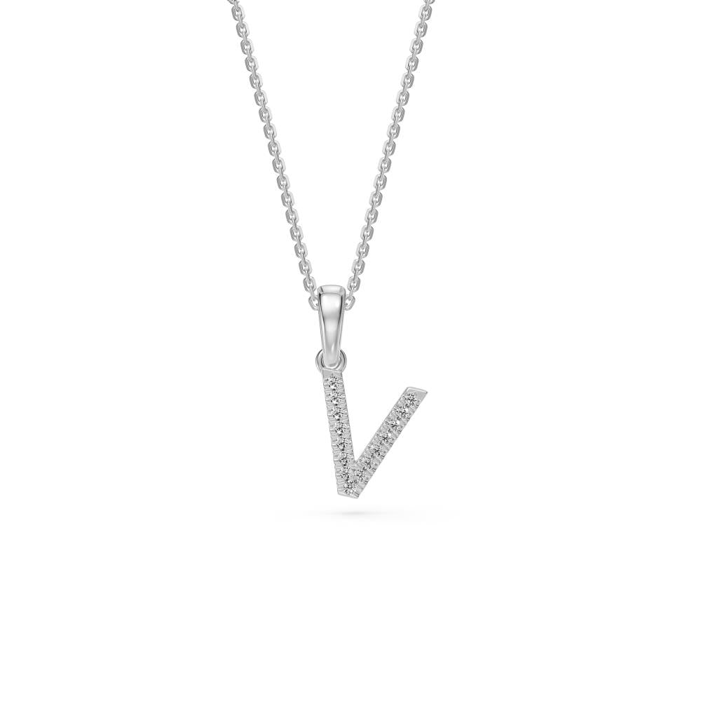 Mini Diamond Letter V Pendant in White Gold