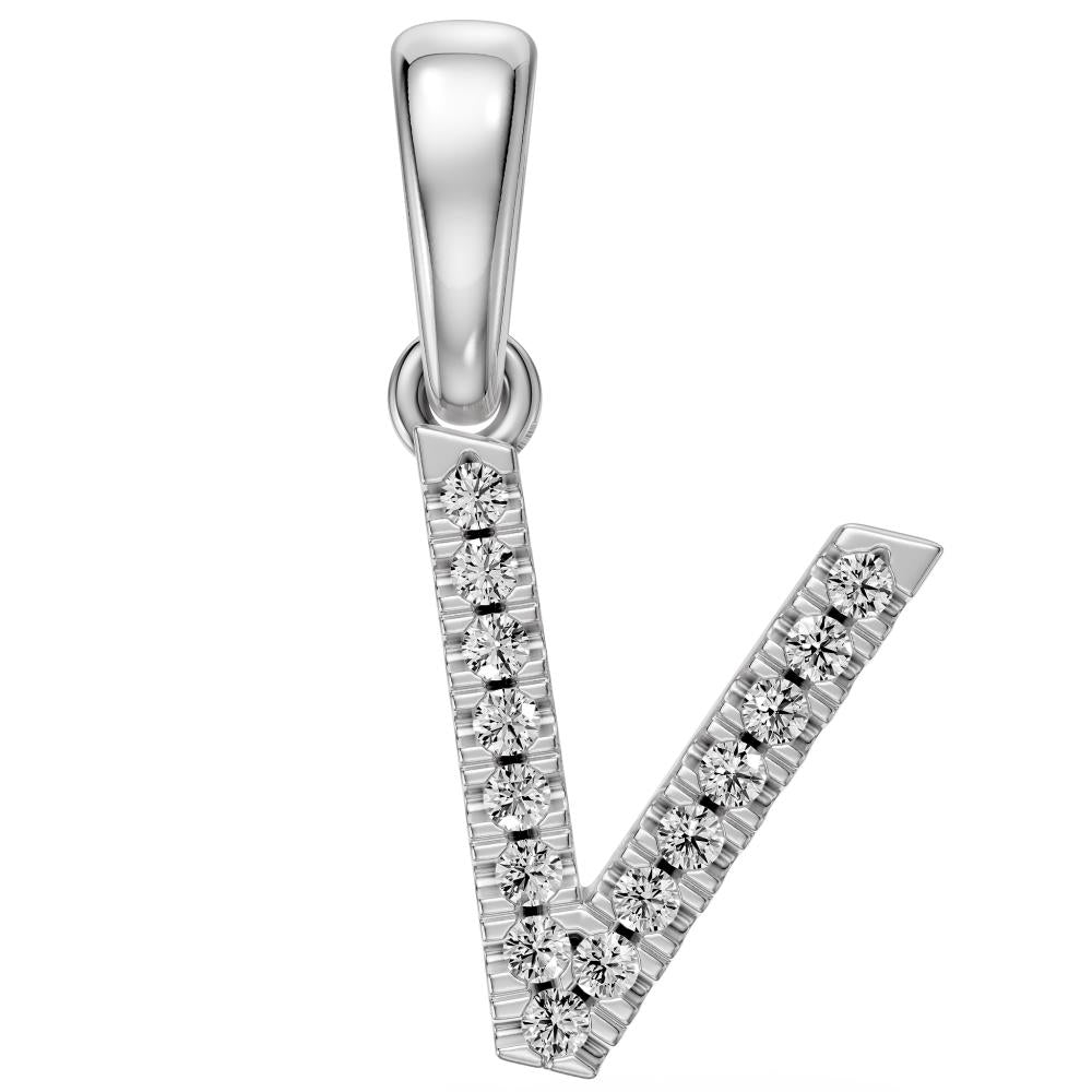 Mini Diamond Letter V Pendant in White Gold