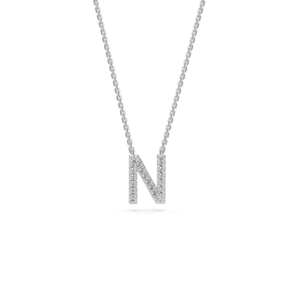 Diamond Letter N Necklace in White Gold