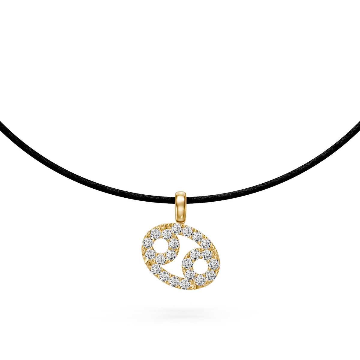 Geltono aukso kaklo papuošalas su zodiako ženklu Vėžys ir deimantais