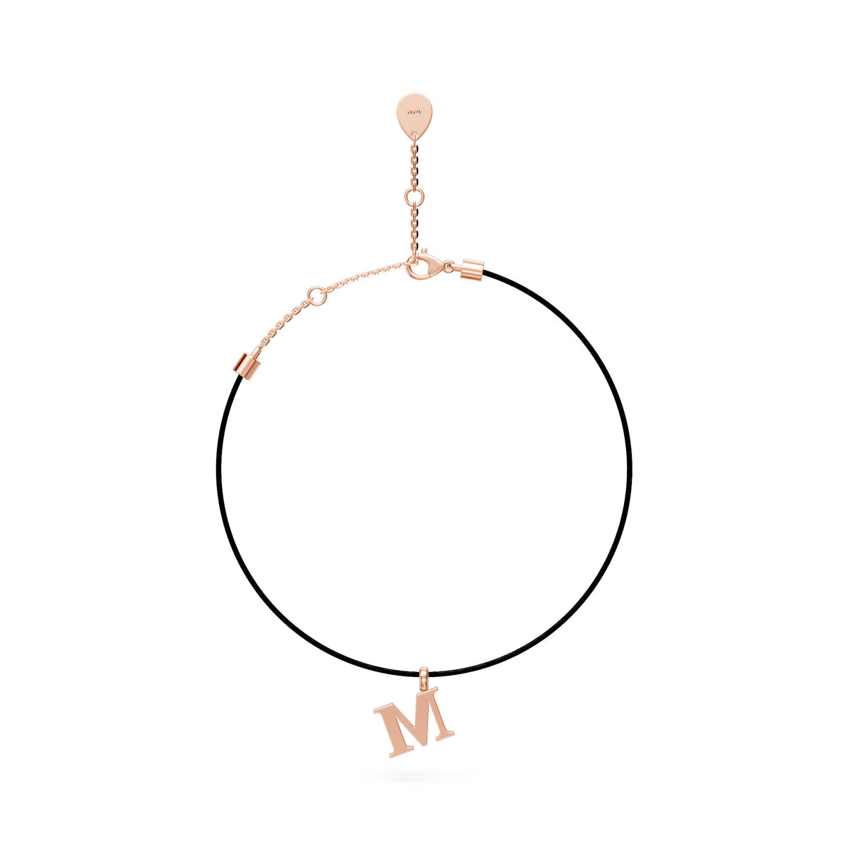 Rožinio aukso kaklo papuošalas su raide M ir deimantais
