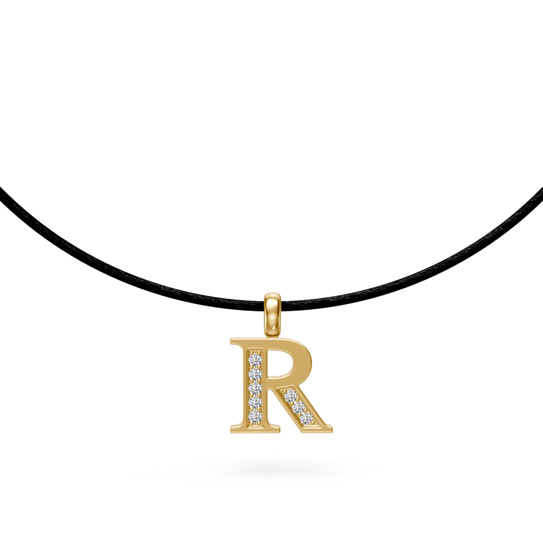 Geltono aukso kaklo papuošalas su raide R ir deimantais