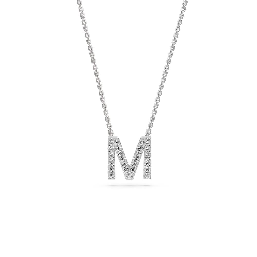 Diamond Letter M Necklace in White Gold